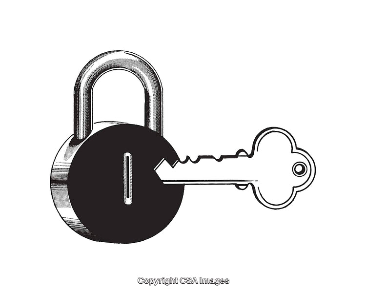 Black and White Illustration of a Padlock and Key Combination