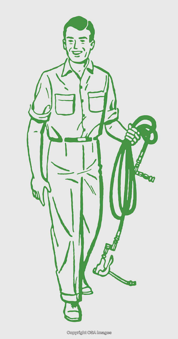 Retro Green Line Art Illustration of a Worker Holding Equipment