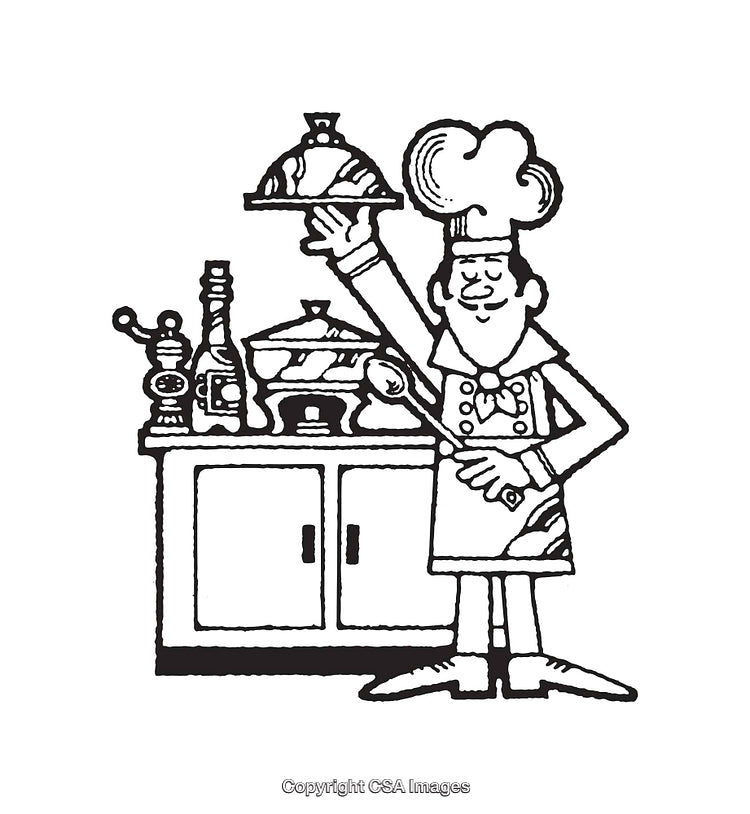 Chef Preparing Gourmet Meal in a Kitchen Scene Line Art Illustration