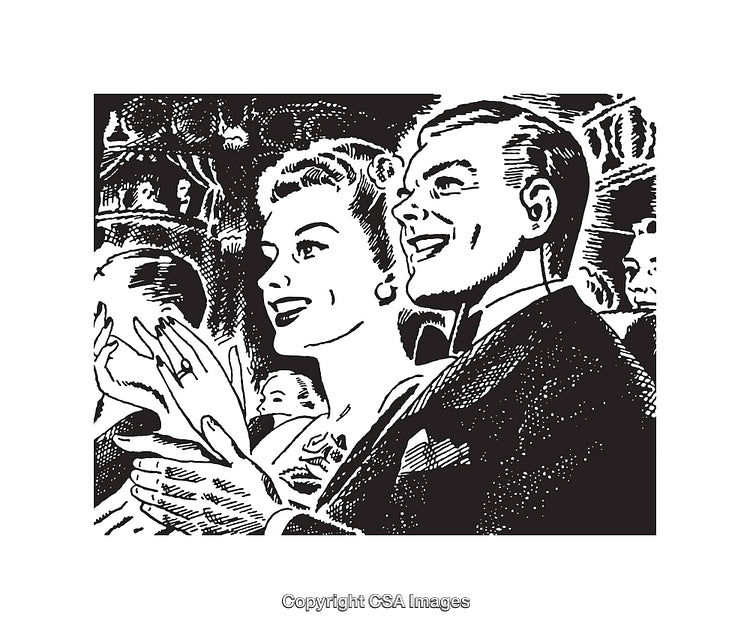 Vintage Black And White Illustration of a Theater Audience Applauding