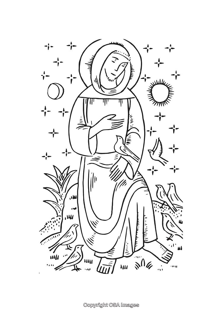 Black and White Line Art of a Saint with Nature and Birds