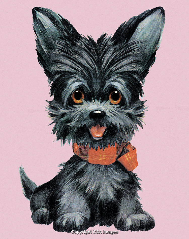 Adorable Black Terrier Puppy Illustration with Plaid Scarf on Pastel Background