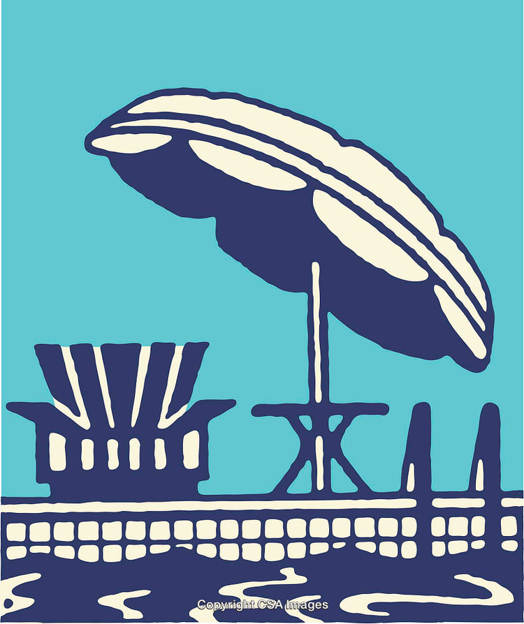 Colorful Illustration of Poolside Umbrella and Chair in Retro Style