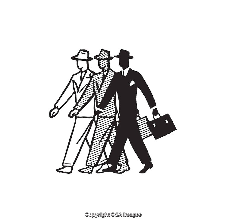 Illustration of Three Walking Businessmen in Vintage Black and White Line Art