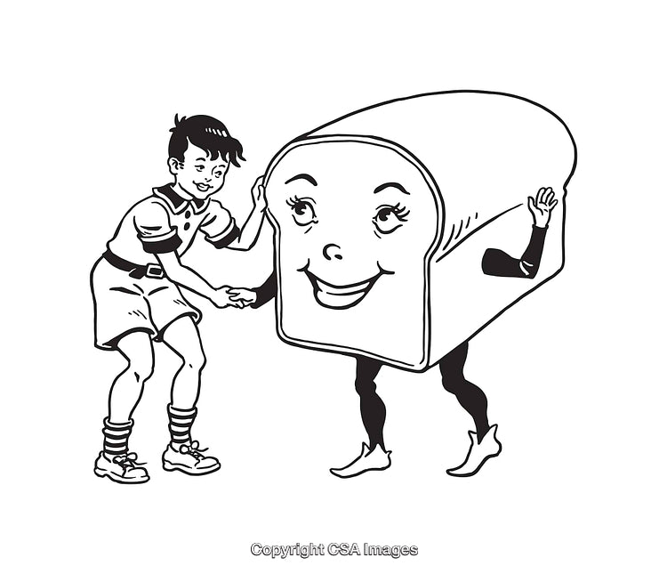 Retro Line Art of Boy Greeting a Smiling Bread Costume Figure