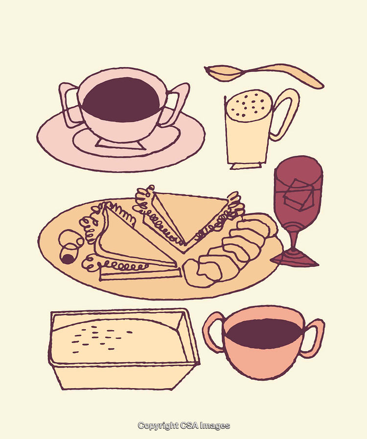 Colorful Line Art of Assorted Meals, Beverages, and Utensils in Minimalist Style