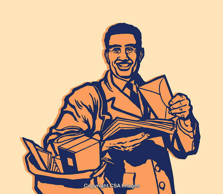 Smiling Postman Delivering Letters in a Retro-Styled Illustration