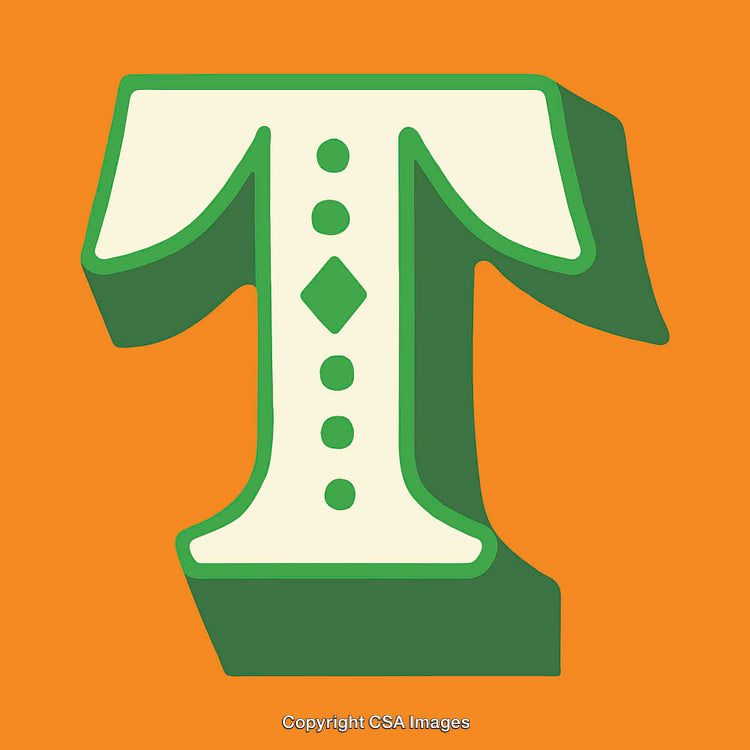 Decorative Letter T with Orange Background and Vintage Green Details