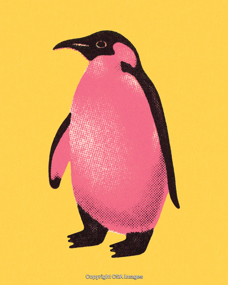 Colorful Pop Art Penguin Illustration on a Bright Yellow Background