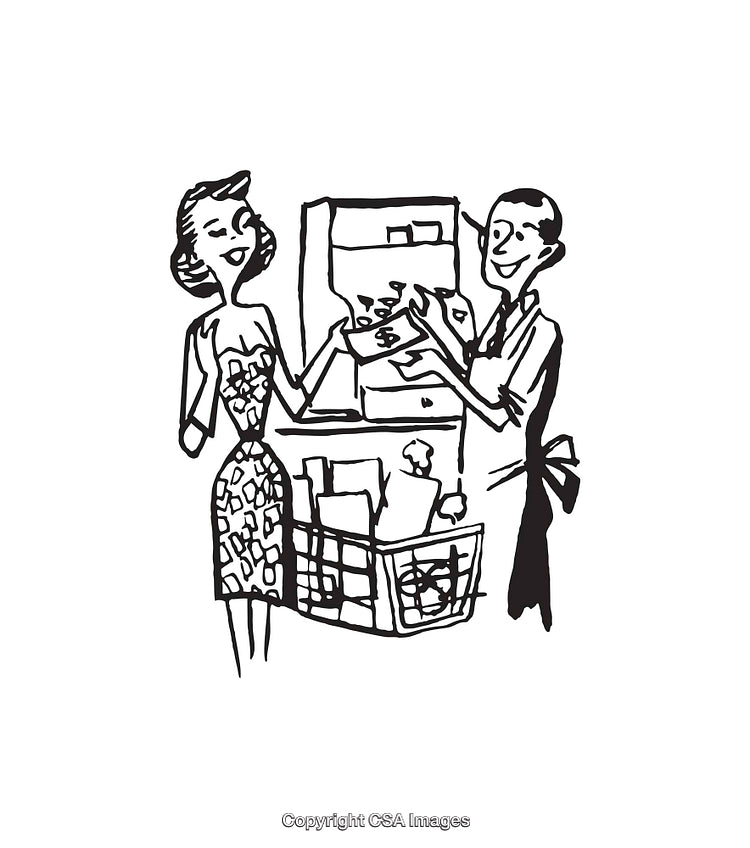 Retro-Style Line Art of Shopping Interaction at Checkout Counter