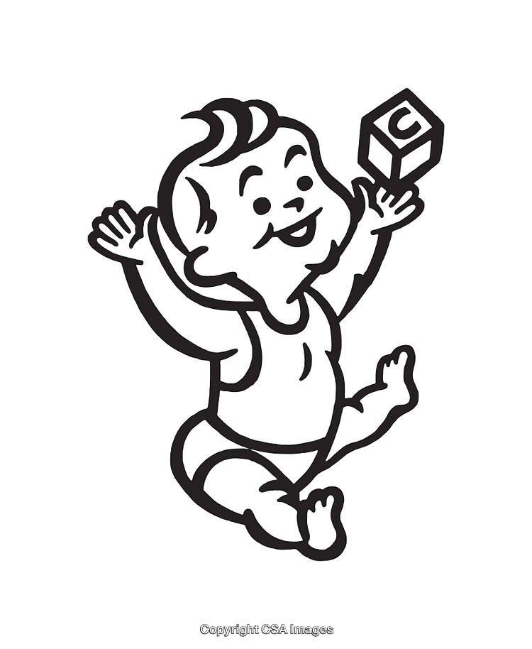 Happy Baby Playing With a Block in Black and White Line Art