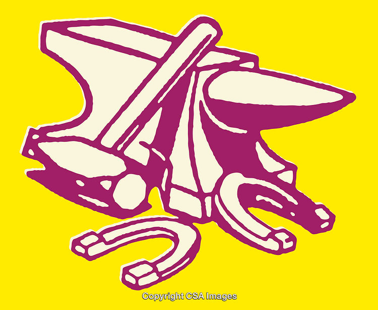 Vibrant Illustration Featuring An Anvil and Horseshoes in Stylized Design
