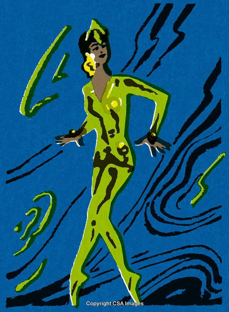 Retro Illustration of a Woman in a Vibrant Outfit on Abstract Background