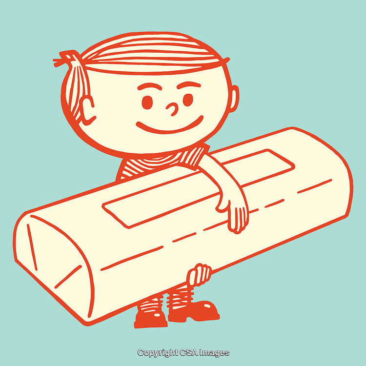 Playful Retro Boy Holding a Oversized Object in Line Art Style