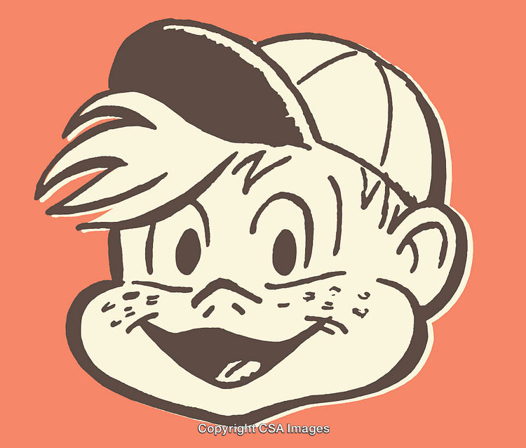 Vintage Illustration of a Smiling Boy in Simple Line Art Style