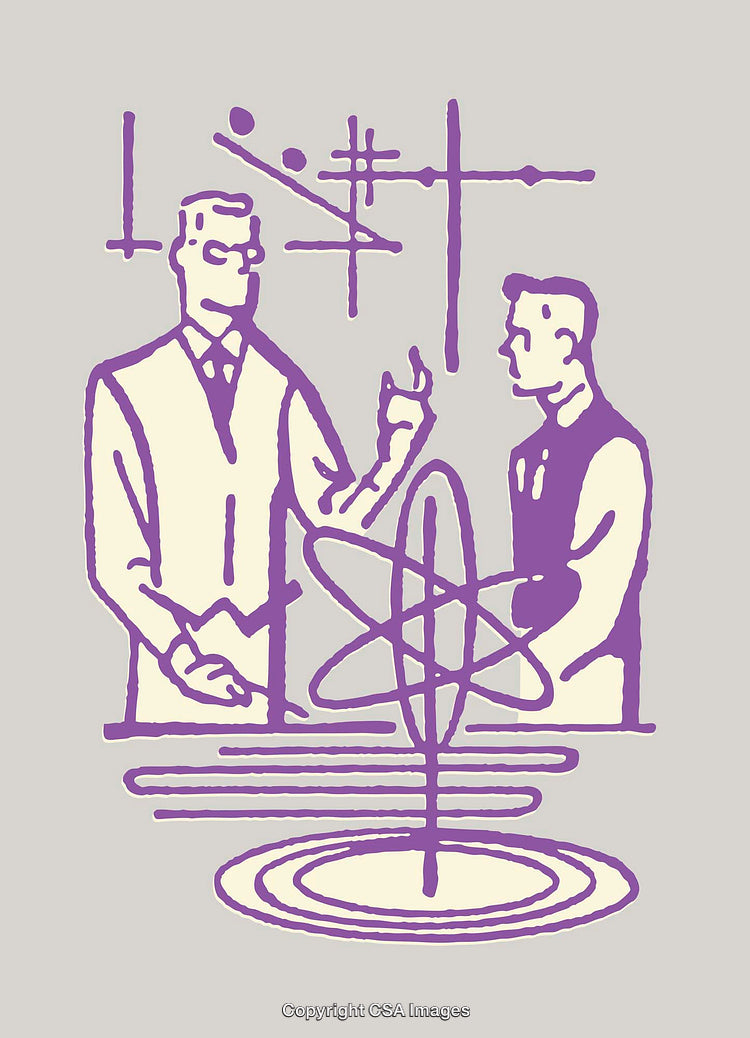 Abstract Illustration of Two Figures With Atomic Design and Geometric Patterns
