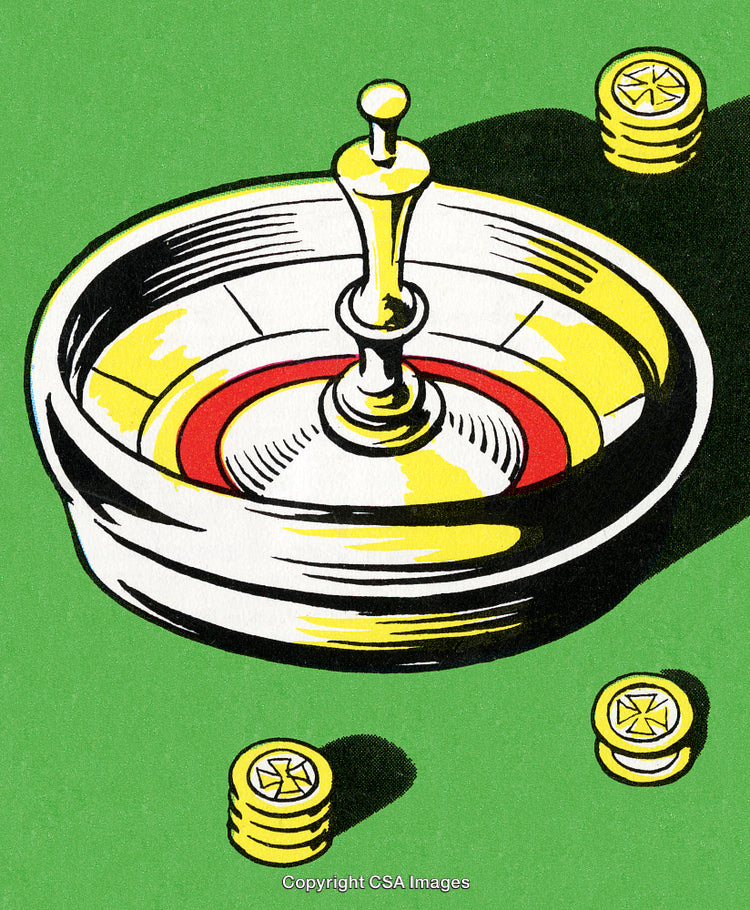 Vintage Illustration of a Casino Roulette Wheel with Chips Over Green Background