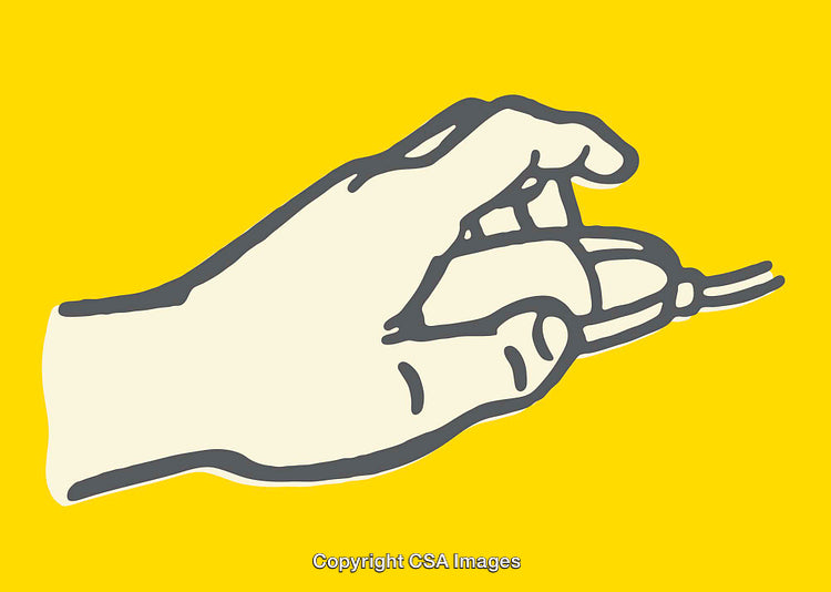 Illustration of Hand Holding Computer Mouse on Bright Yellow Background