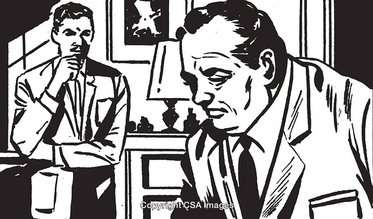 Black And White Illustration of Two Men in a Serious Conversation Setting