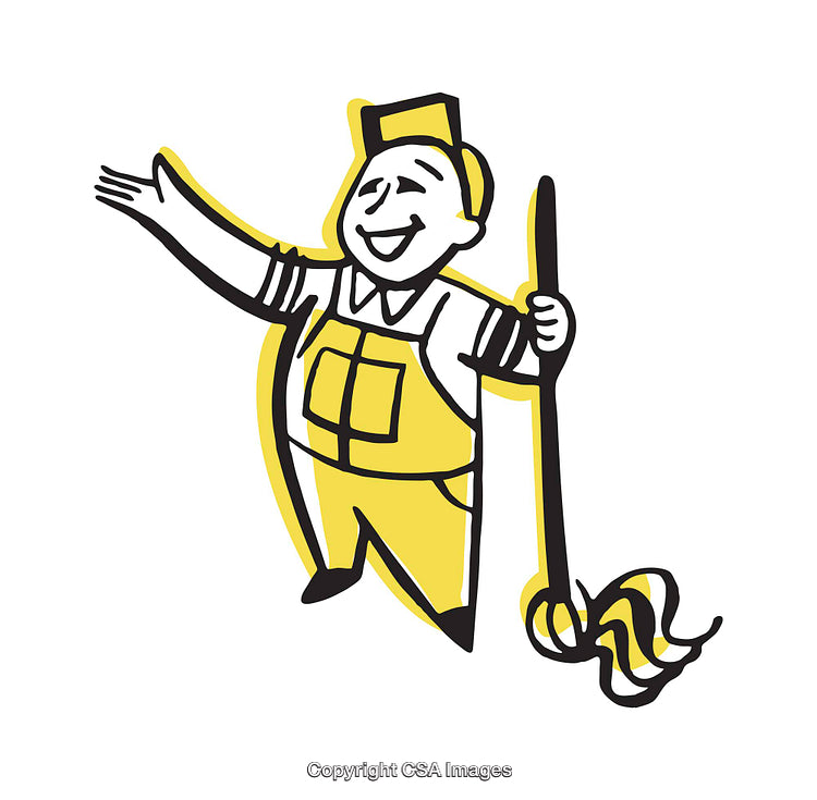Cartoon Worker Holding Mop Offering Friendly Gesture in Bright Colors