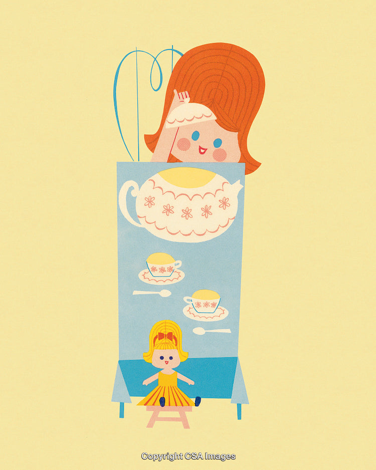 Whimsical Illustration Featuring Two Playful Figures and Decorative Teapot