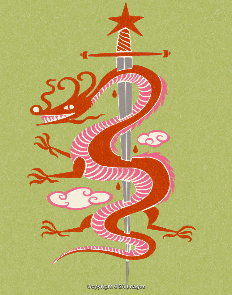 Artistic Depiction of a Dragon and Sword Motif on a Green Background