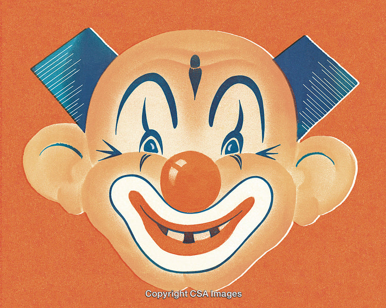 Colorful Cartoon Clown Illustration with Orange Background and Playful Expression