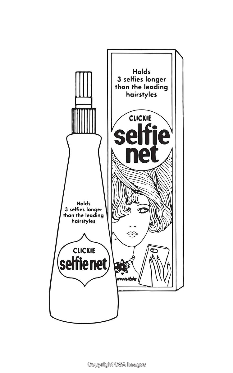 Black and White Line Art Illustration of a Selfie-Themed Hair Styling Product