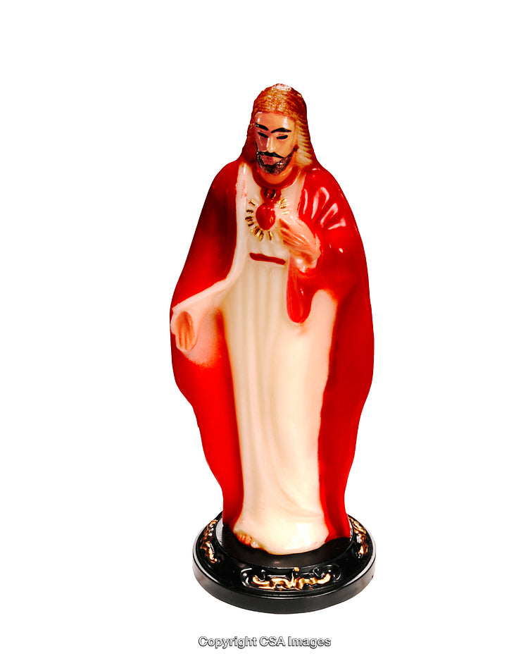 Plastic Figurine of Sacred Heart with Vibrant Red and White Attire
