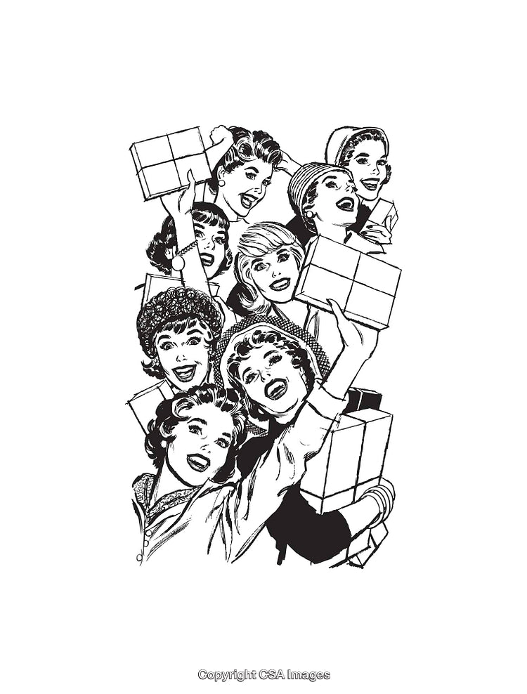 Group of Retro-Style Women Holding Gift Boxes and Smiling in Line Art