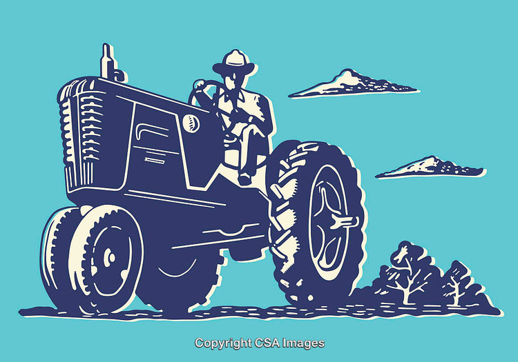 Illustration of Farmer Driving a Tractor in Scenic Landscape