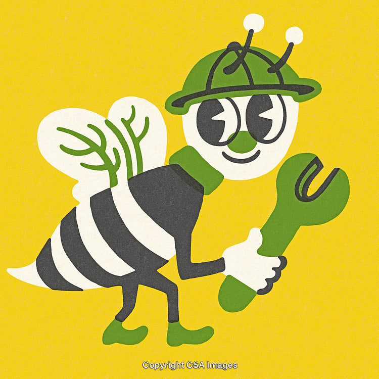 Illustration of a Cartoon Bee Worker Holding a Green Wrench