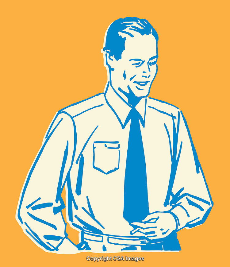 Retro Line Art Illustration of a Smiling Businessman on Yellow Background