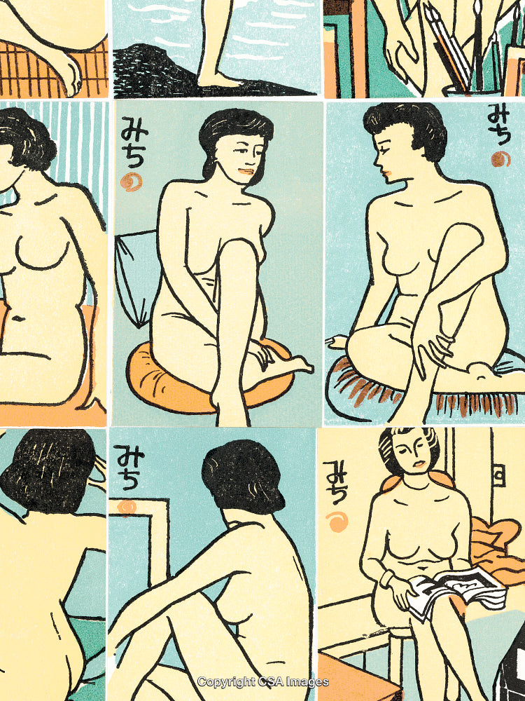 Colorful Illustration of Women in Vintage Japanese Art Style Depicting Daily Life
