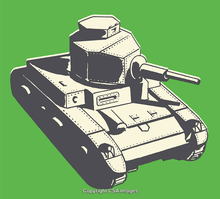 Retro Tank Illustration with Green Background in Line Art Style