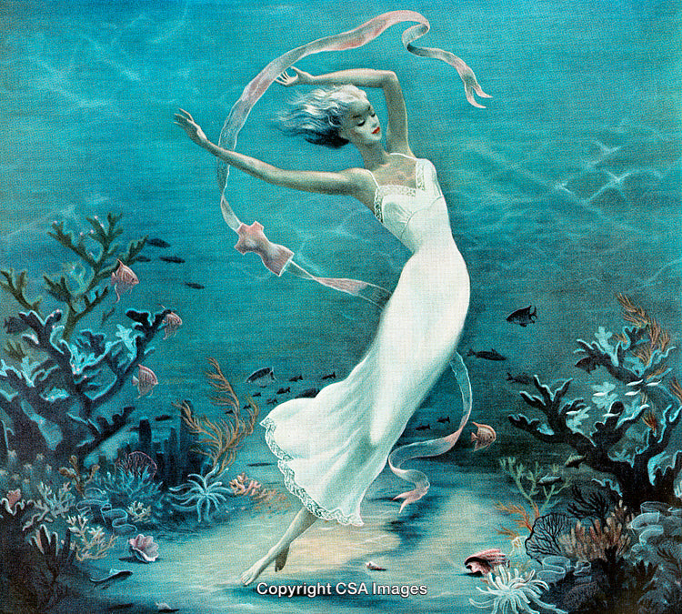 Elegant Figure Dancing Gracefully Underwater in Ethereal Ocean Landscape