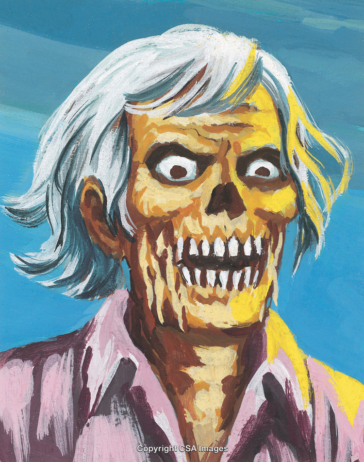 Horror Artwork Depicting a Skeleton with White Hair in a Pink Attire
