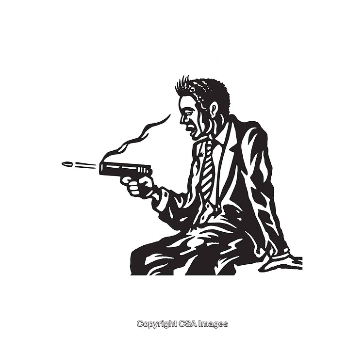 Illustration of Businessman in Suit Displaying Intense Expression Holding a Smoking Gun