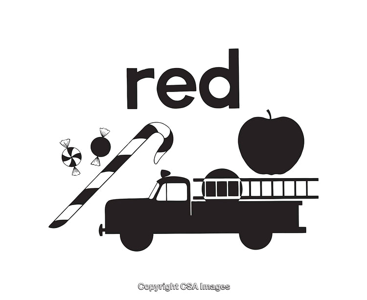 Black and White Illustration with Red-Themed Items and Objects