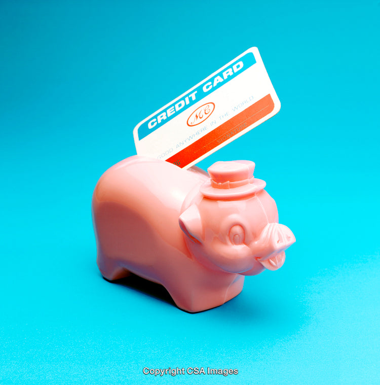 Piggy Bank with Credit Card Insert on Vibrant Blue Background
