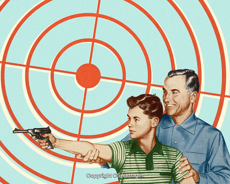 Father Teaching Son Gun Handling Skills with Target Practice Backdrop