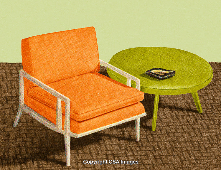Retro Orange Chair with Green Table and Mid-Century Style Design