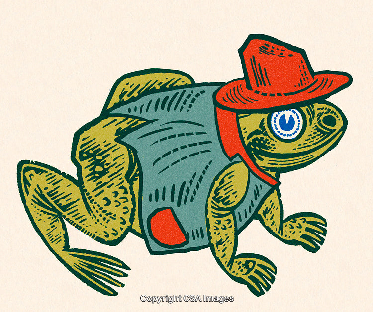 Whimsical Illustration of a Frog Wearing a Red Hat and Unique Clothing