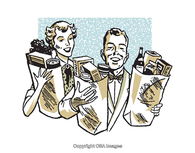 Vintage Illustration of a Happy Couple Holding Grocery Bags