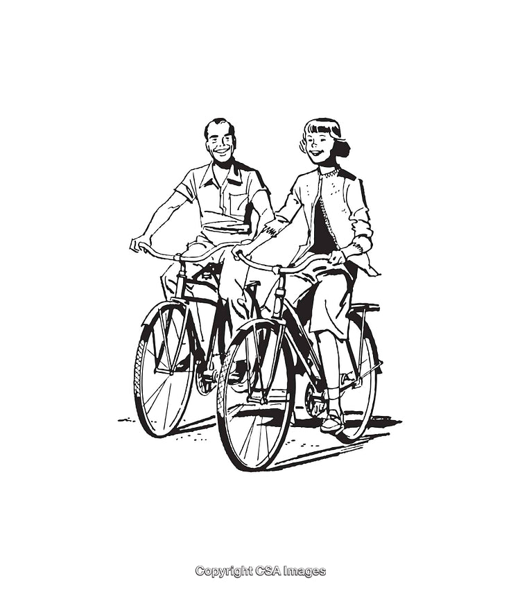 Vintage Illustration of Two People Biking Together in Black and White Style