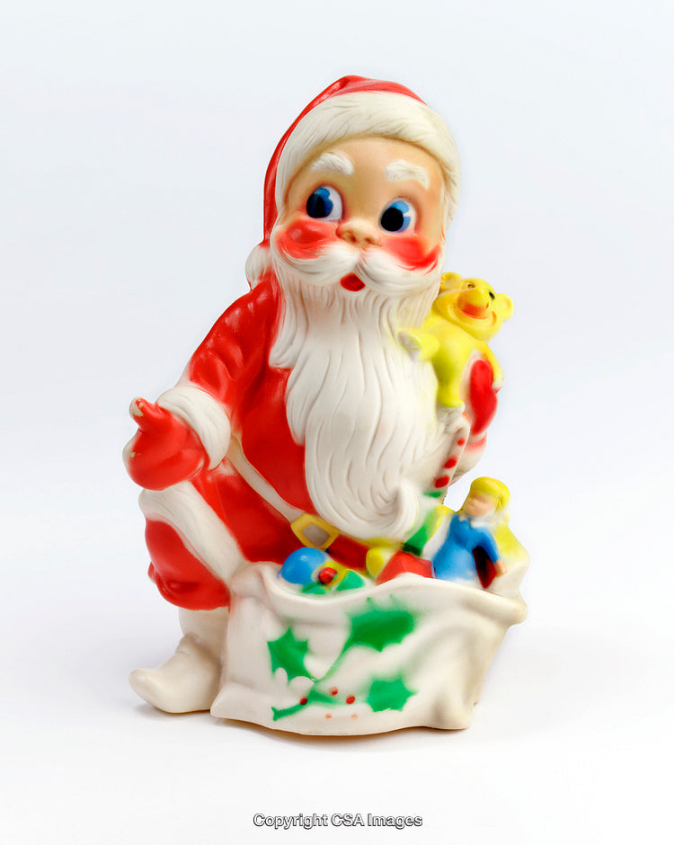 Vintage Plastic Santa Figure Holding Gift Bag and Toys