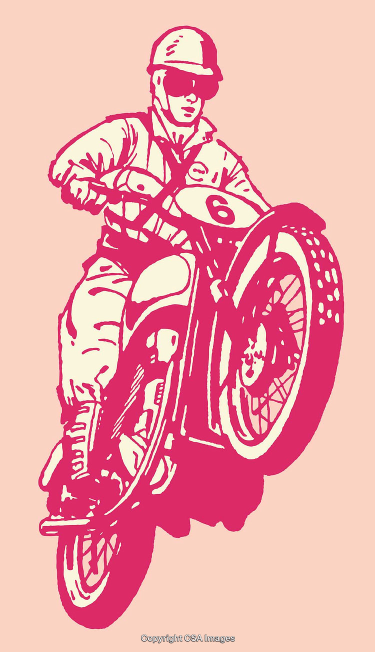 Vintage Style Illustration of Motorcyclist in Action Performing a Wheelie