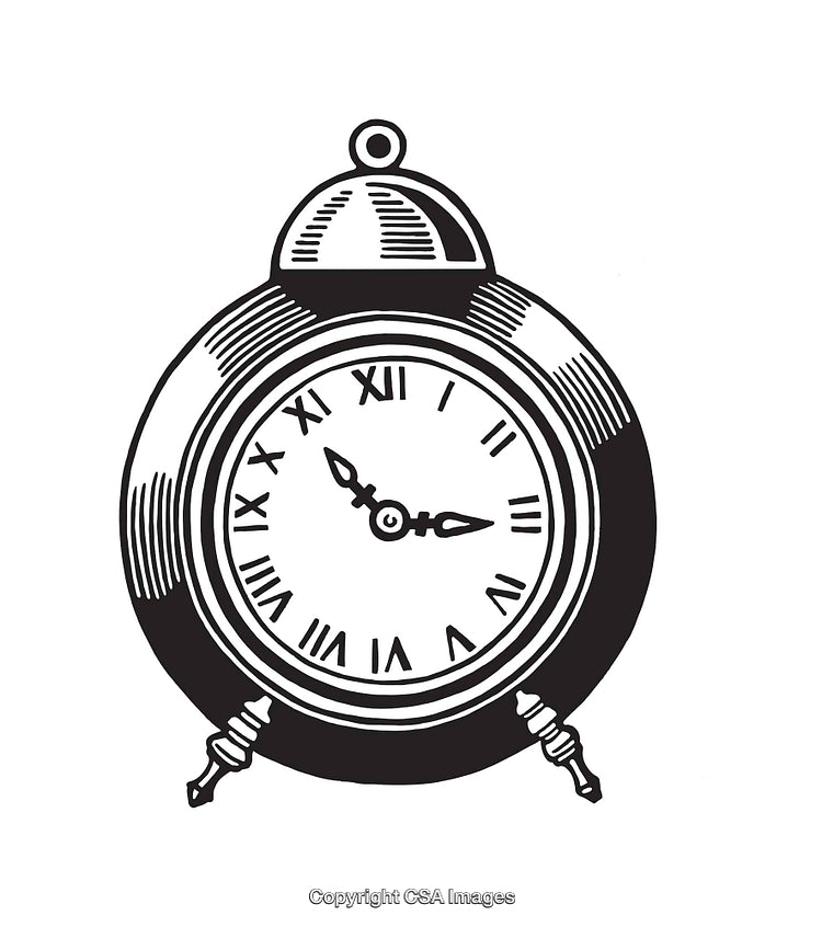 Black and White Vintage Alarm Clock Illustration with Roman Numerals