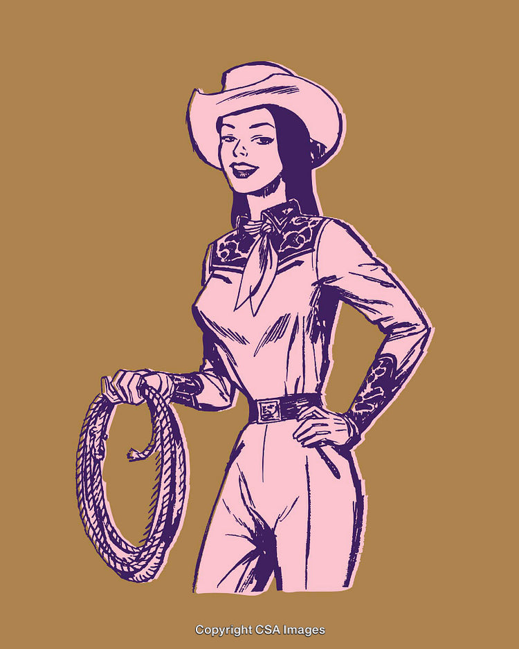 Vintage Style Illustration of a Western Cowgirl Holding a Rope