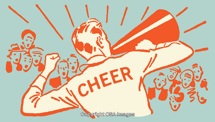 Retro Cheerleader Encouraging Team with Megaphone in Color Line Art Style